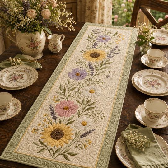 Floral Quilted Table Runner, Sunflower Lavender Botanical Scarf, Cottagecore Kitchen Decor