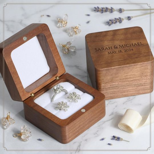 Personalized Walnut Ring Box: Custom Engraved Wooden Wedding Ring Holder