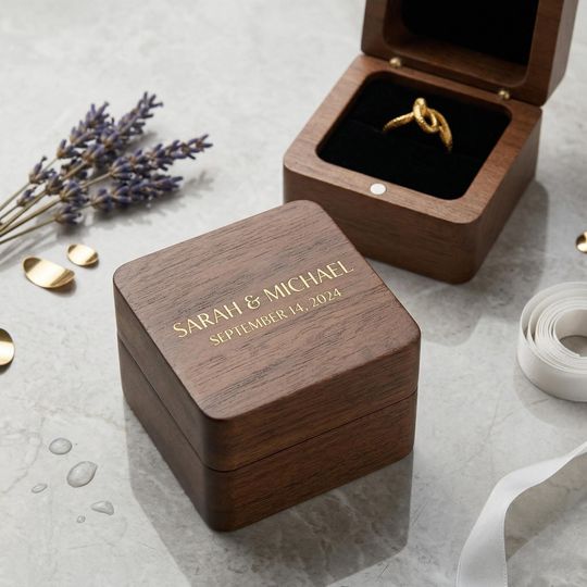 Personalized Walnut Ring Box: Custom Engraved Wooden Wedding Ring Holder