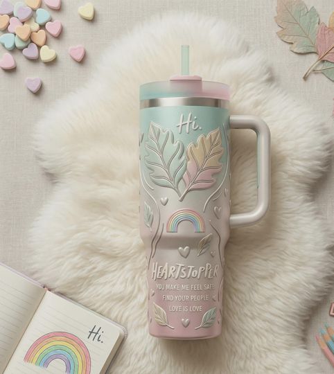 Heartstopper Love Is Love 40oz Tumbler Rainbow Leaves Pride Insulated Travel Mug