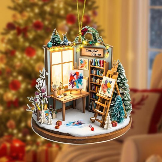 Artist Studio 2D Flat Ornament, Personalized Acrylic Christmas Gift, Creative Corner Decor