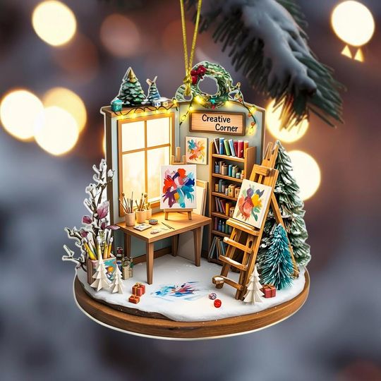 Artist Studio 2D Flat Ornament, Personalized Acrylic Christmas Gift, Creative Corner Decor