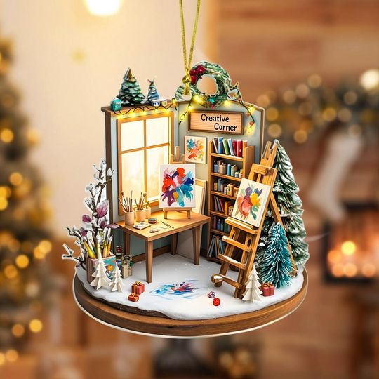 Artist Studio 2D Flat Ornament, Personalized Acrylic Christmas Gift, Creative Corner Decor