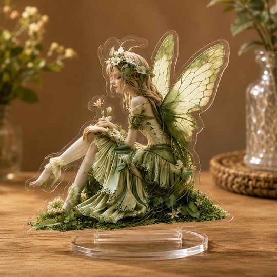Green Fairy Acrylic Standee, Nature Elf Desk Decor, Woodland Fantasy Acrylic Figure, Cottagecore Fairy Ornament, Forest Fairy Gift