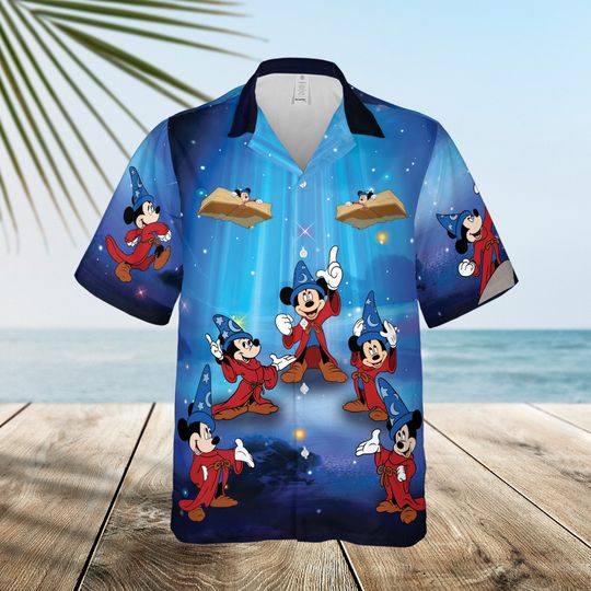 Disney Fantasia Sorcerer Mickey Hawaiian Shirt, Mickey Mouse Wizard Hawaiian Shirt, Disney's Hollywood Studios, Retro Disney Hawaiian Shirt