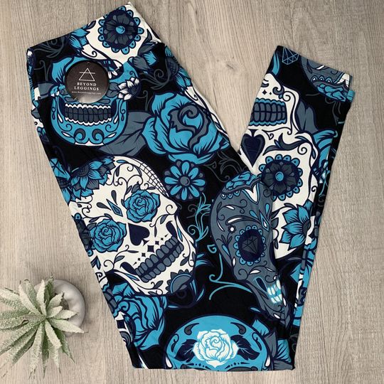 Teal large sugar skull leggings