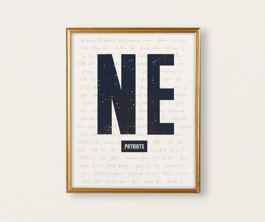 New England Patriots Wall Art | Vintage NE Print | Iconic Patriots Words & Phrases Typography Design | Navy Blue Football Decor