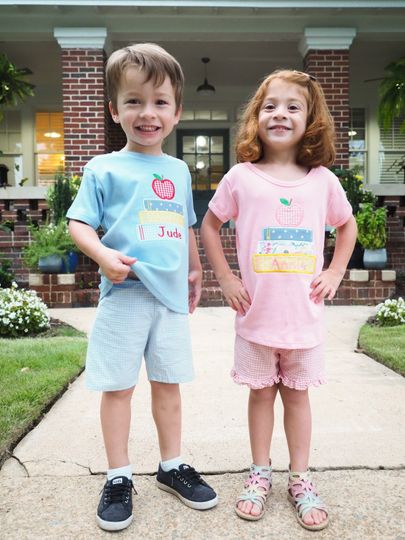 Boys Back to School Personalized Books Shirt and Matching Light Blue Gingham Shorts - for Toddler or Baby Boys 1st Day of School