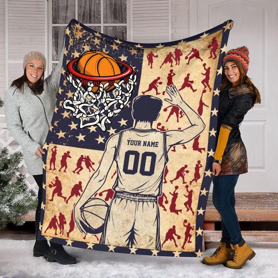 Personalized Basketball Player Blanket With American Flag