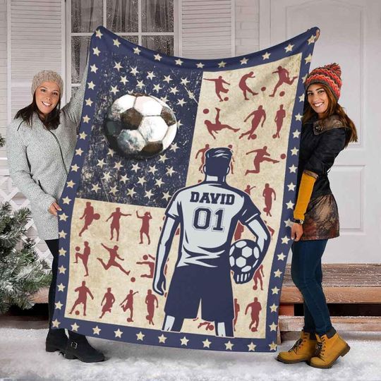 Personalized Soccer Player Blanket With American Flag, Custom Name & Number Soccer Blanket