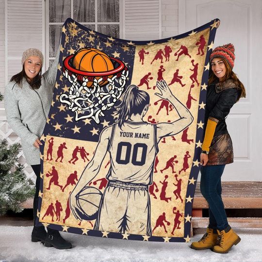 Personalized Basketball Player Blanket With American Flag