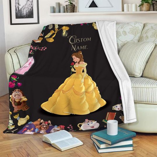 Personalized Name Princess Belle Blanket, Beauty And The Beast Fleece Mink Sherpa Blanket