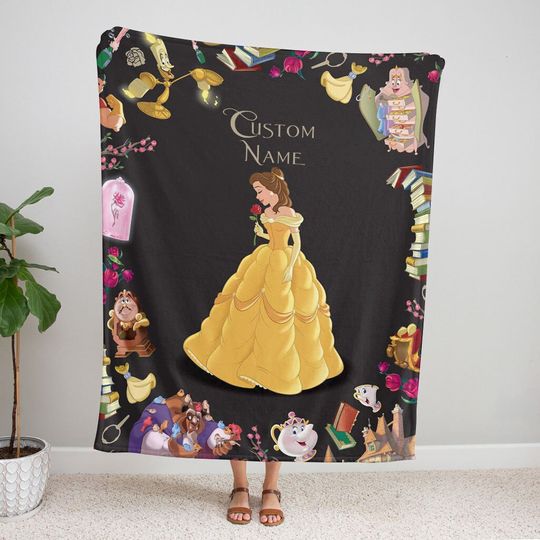 Personalized Name Princess Belle Blanket, Beauty And The Beast Fleece Mink Sherpa Blanket