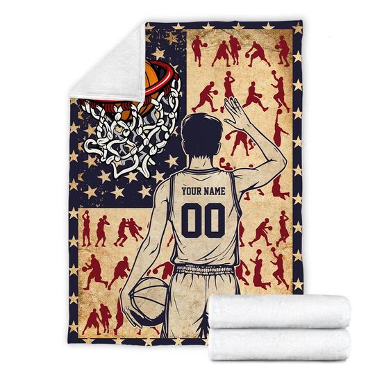 Personalized Basketball Player Blanket With American Flag
