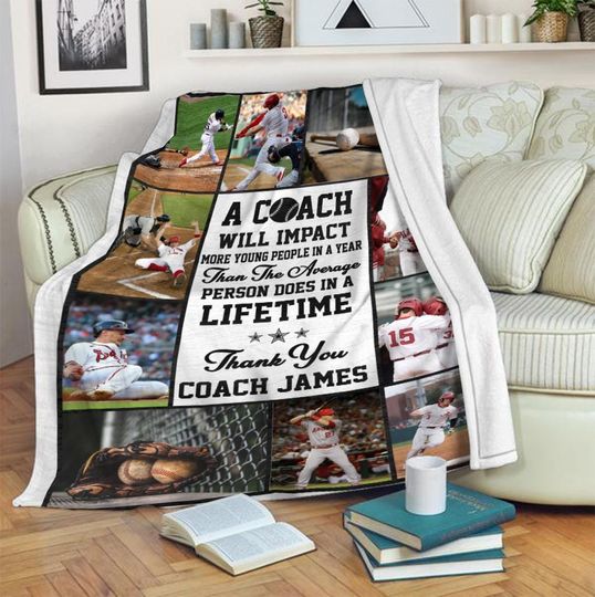 Personalized Baseball Photo Collage Blanket For Coach, Custom Baseball Coach Blanket