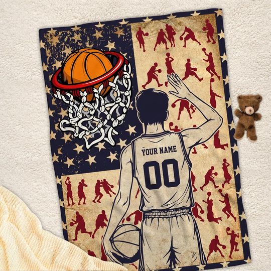 Personalized Basketball Player Blanket With American Flag