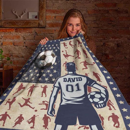 Personalized Soccer Player Blanket With American Flag, Custom Name & Number Soccer Blanket