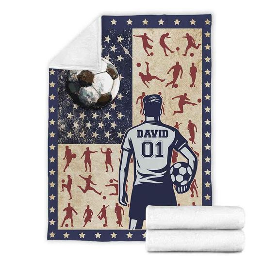 Personalized Soccer Player Blanket With American Flag, Custom Name & Number Soccer Blanket