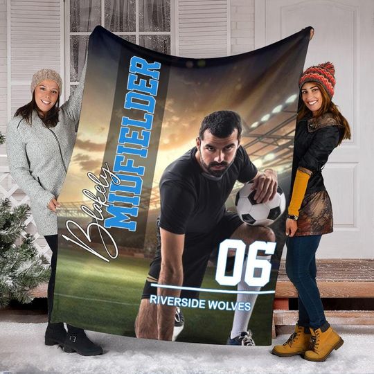 Customized Soccer Player Photo Blanket With Name & Number, Custom Soccer Blanket
