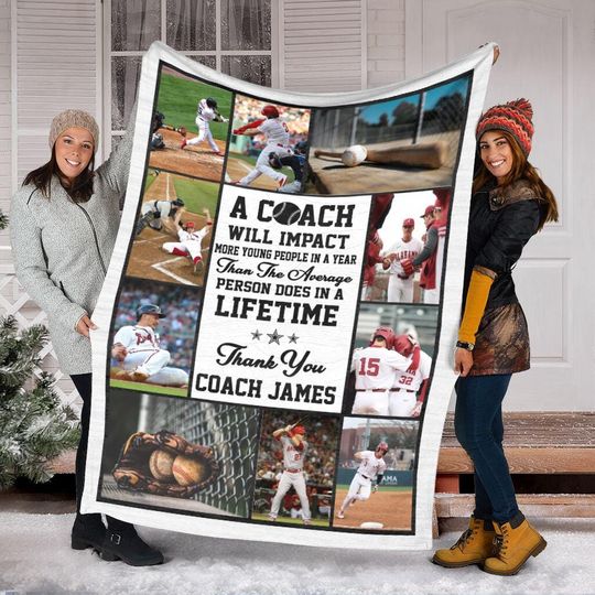 Personalized Baseball Photo Collage Blanket For Coach, Custom Baseball Coach Blanket