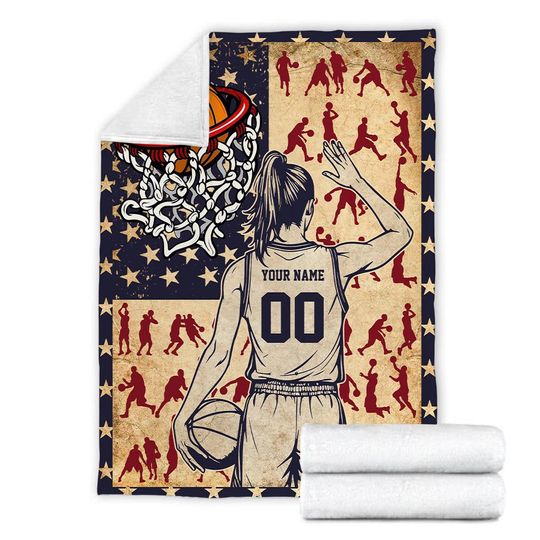 Personalized Basketball Player Blanket With American Flag