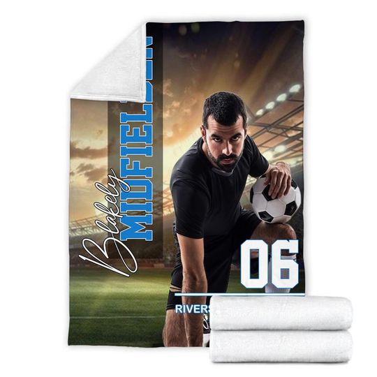 Customized Soccer Player Photo Blanket With Name & Number, Custom Soccer Blanket