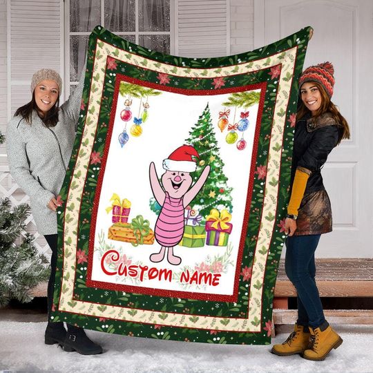 Personalized Name Christmas Piglet Blanket, Piglet Santa Christmas Tree Blanket
