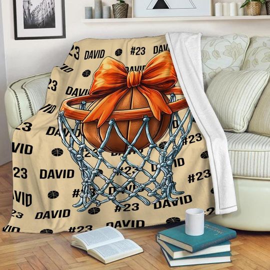 Personalized Basketball Mom Coquette Bow Blanket, Custom Name Basketball Player Blanket