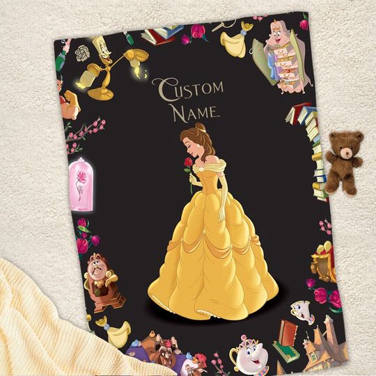 Personalized Name Princess Belle Blanket, Beauty And The Beast Fleece Mink Sherpa Blanket