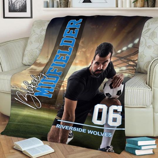Customized Soccer Player Photo Blanket With Name & Number, Custom Soccer Blanket