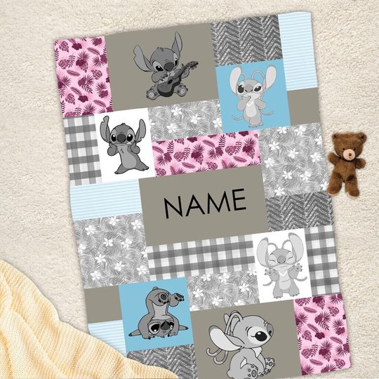 Vintage Stitch & Angel Blanket, Custom Name Stitch Blanket