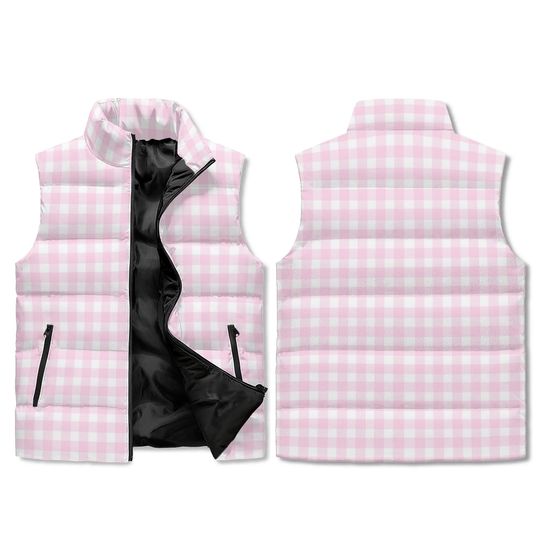 Unisex Retro Pink Gingham Puffer Sleeveless Jacket