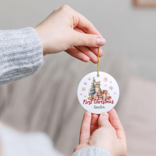 Personalized First Christmas Kitten Ornament: Ceramic Holiday Keepsake