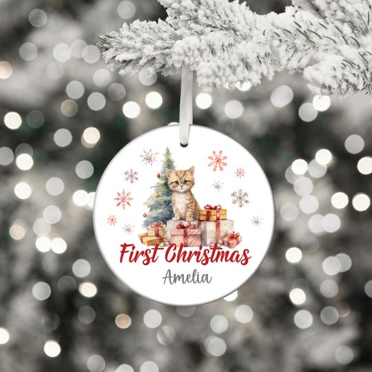 Personalized First Christmas Kitten Ornament: Ceramic Holiday Keepsake