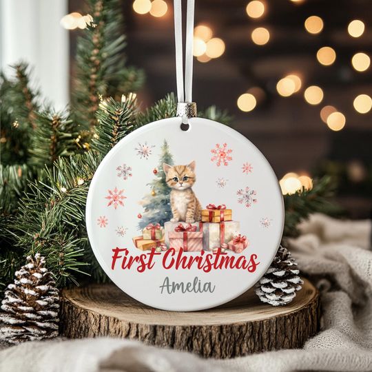 Personalized First Christmas Kitten Ornament: Ceramic Holiday Keepsake