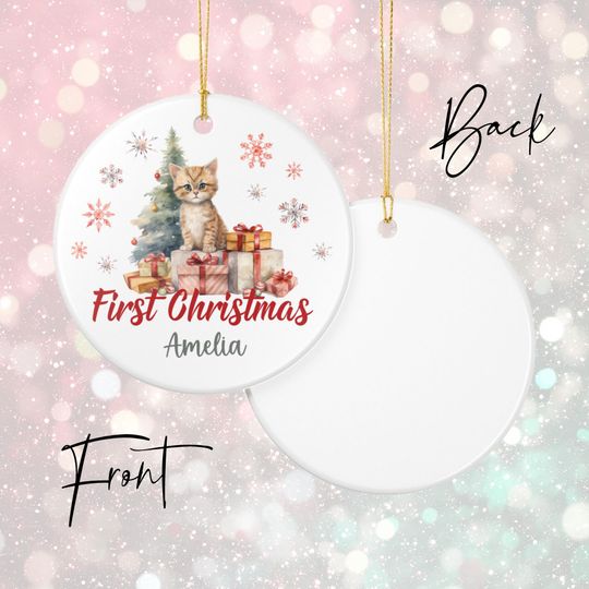 Personalized First Christmas Kitten Ornament: Ceramic Holiday Keepsake