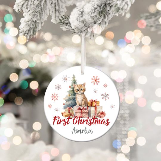 Personalized First Christmas Kitten Ornament: Ceramic Holiday Keepsake