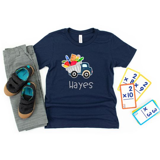 Boys navy dumptruck back to school shirt, kids back to school shirt,  boys truck shirt