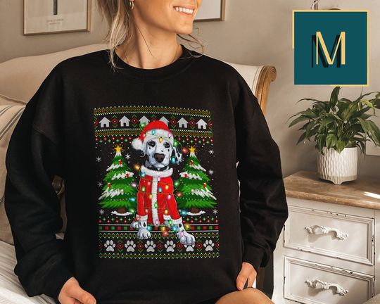 Dalmatian Dog Ugly Christmas Tree Lights Sweatshirt, Disney 101 Dalmatians Sweatshirt