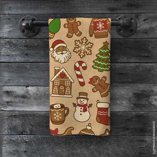 Christmas Cookie Waffle Dish Towel Gingerbread & Cocoa Holiday Print | Microfiber Hand Towel with Kraft Paper Look