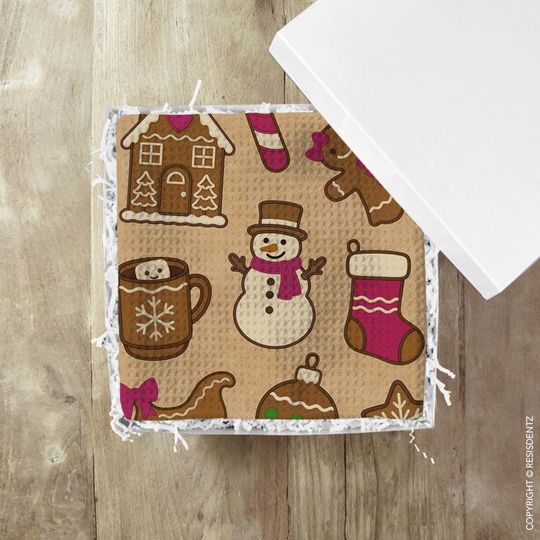 Christmas Cookie Waffle Dish Towel Gingerbread & Cocoa Holiday Print | Microfiber Hand Towel with Kraft Paper Look