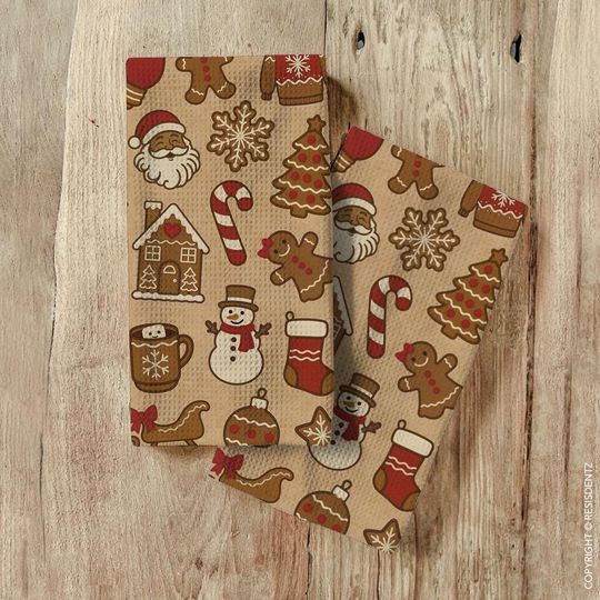 Christmas Cookie Waffle Dish Towel Gingerbread & Cocoa Holiday Print | Microfiber Hand Towel with Kraft Paper Look