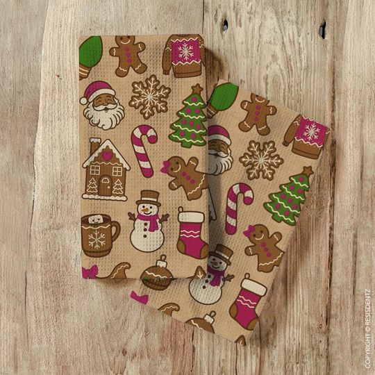 Christmas Cookie Waffle Dish Towel Gingerbread & Cocoa Holiday Print | Microfiber Hand Towel with Kraft Paper Look