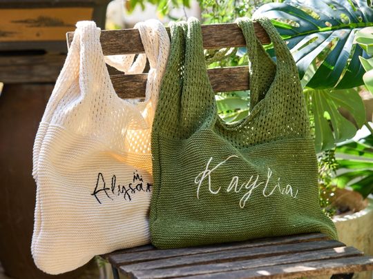 Personalized Knitted Beach Bag with Embroidered Name, Bridesmaid Gifts
