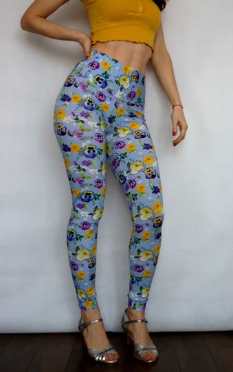 Pansy Print Leggings Blue Purple Yellow