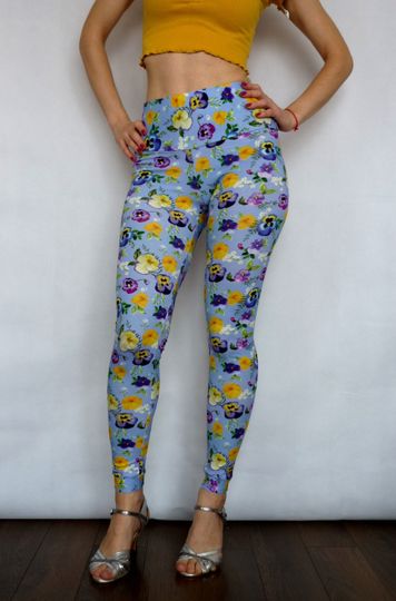 Pansy Print Leggings Blue Purple Yellow