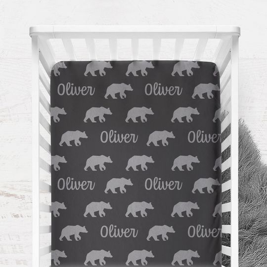 Personalized Woodland Bear Fitted Crib Sheet, Crib Cover for Baby