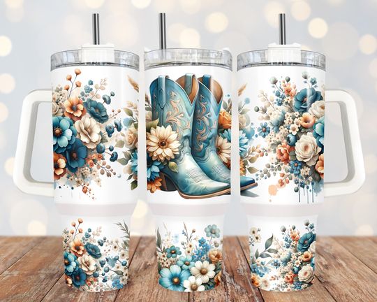 Cowgirl Boots Floral 40oz Tumbler Wrap: Western Sublimation Design