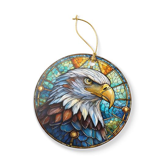 Faux Bald Eagle Stained Glass Ornament Ceramic Decoration, Round Hanging Keepsake