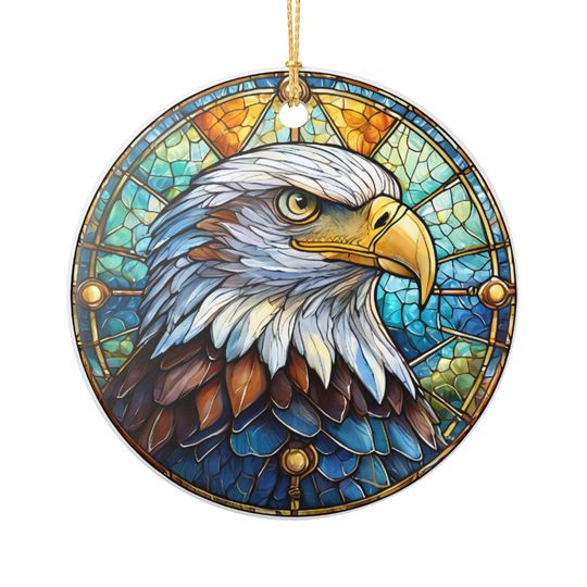 Faux Bald Eagle Stained Glass Ornament Ceramic Decoration, Round Hanging Keepsake